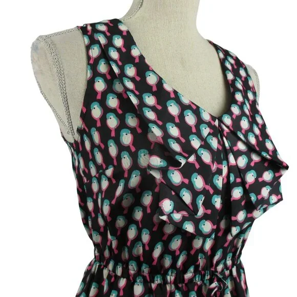 BeBop Black Crepe Ruffle Front Bird Print Blouson Hi-Low Size XS Graphic Print - Picture 3 of 7